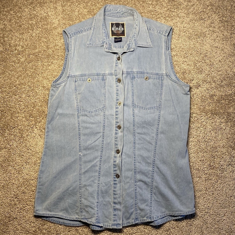 Harley Davidson Biker Blues Womens Large Light Wash‎ Denim Sleeveless Vest Shirt